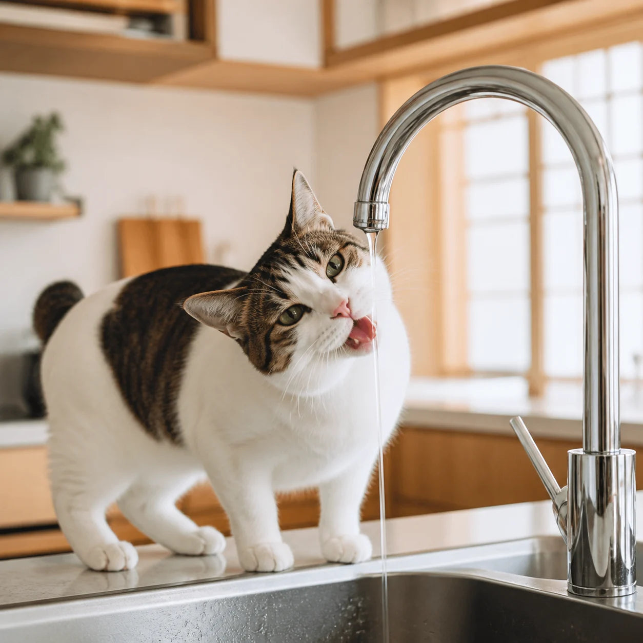 蛇口から流れる水を飲む猫