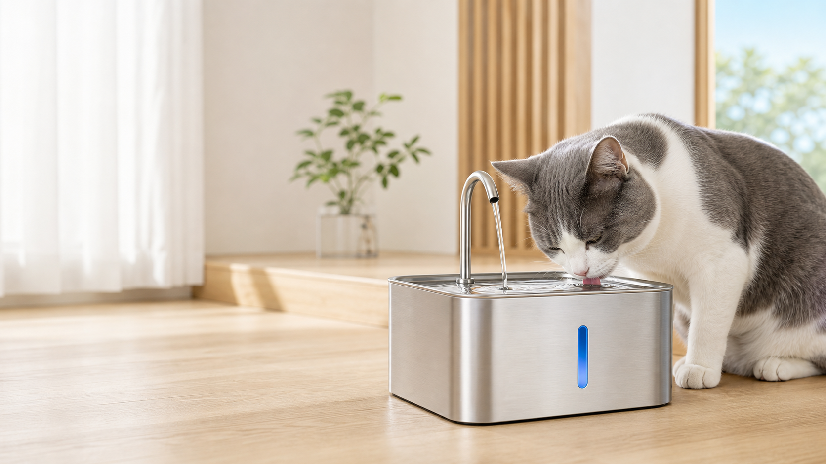 明るいリビングで、にゃんみずから新鮮な水を飲む猫
