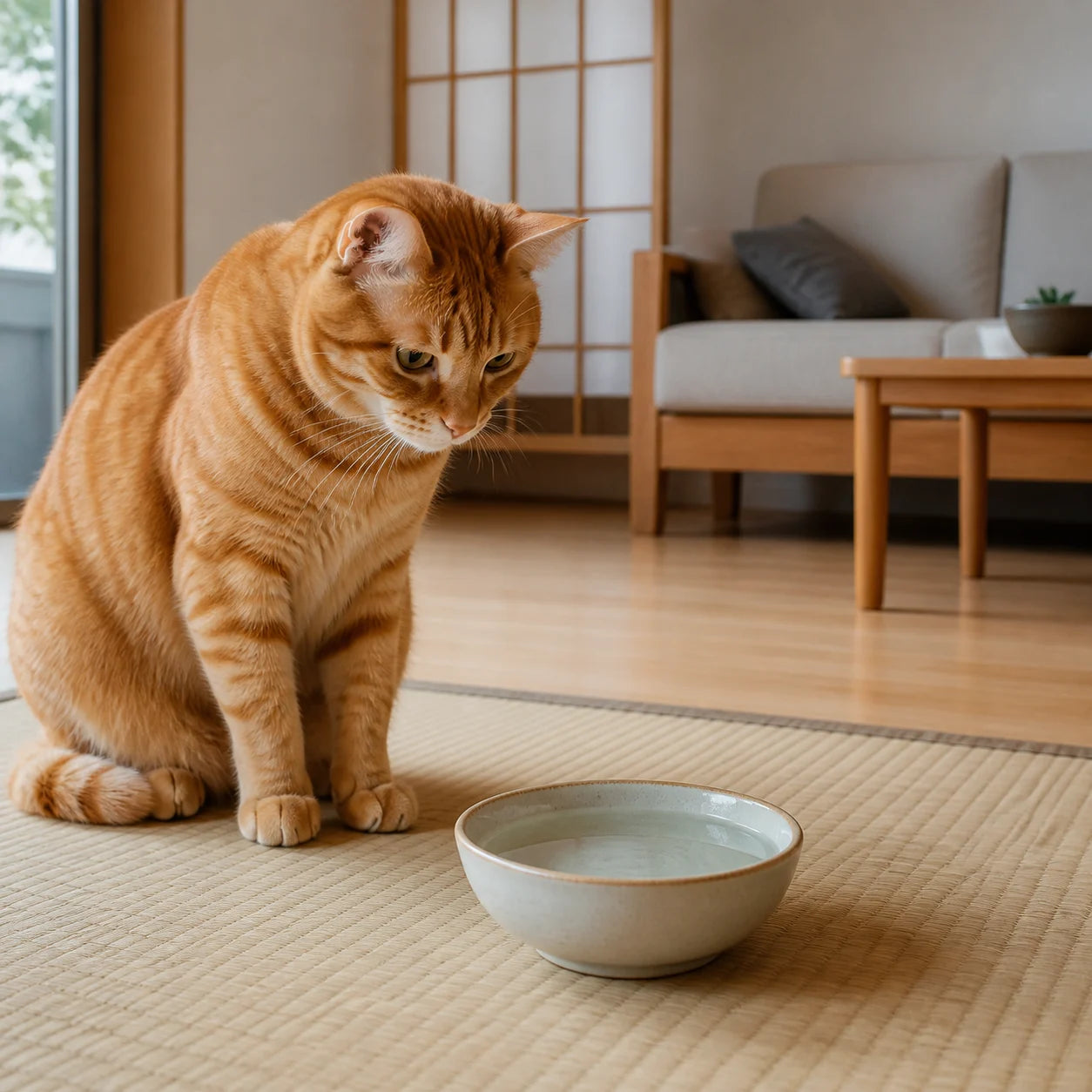 置き水を前に飲もうとしない猫